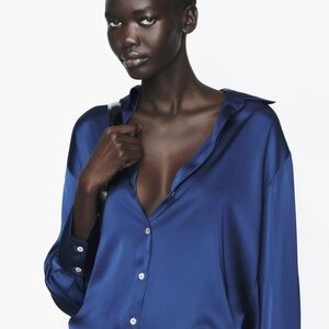 Zara Women's Navy Blue Satin Effect Button Down Shirt
